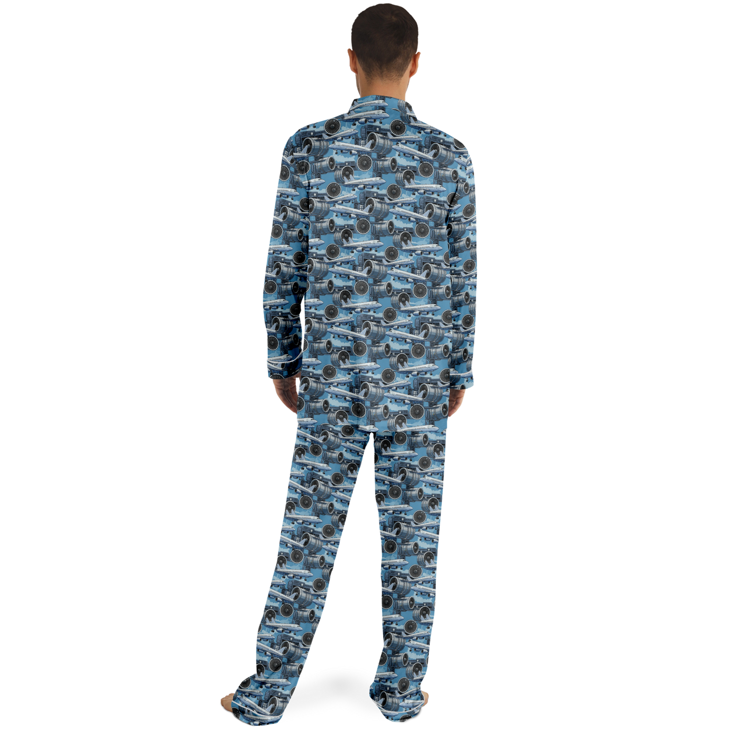 Men's Satin Blue Sky Aircraft Mechanic Pajamas - AOP