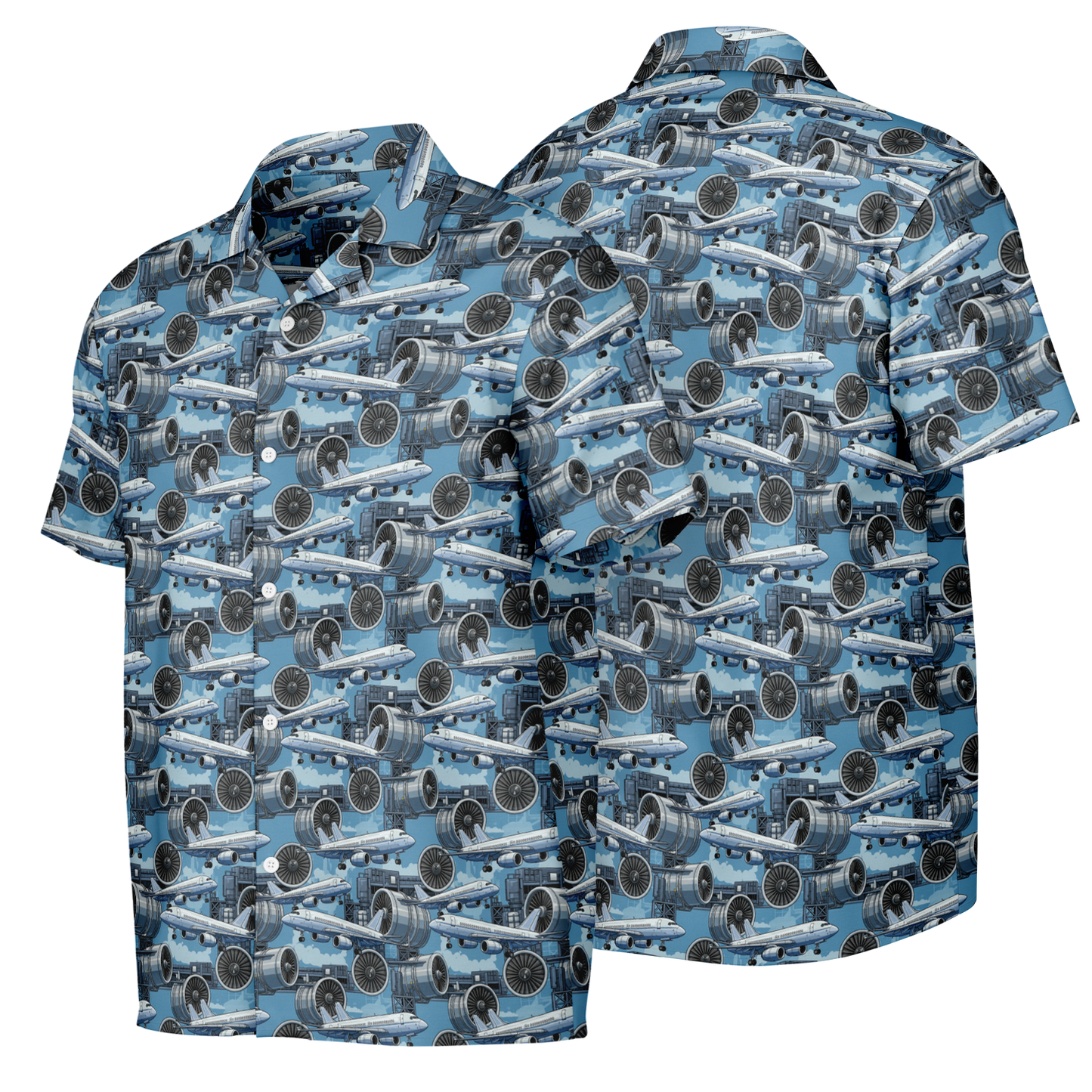 Spread Collar Short Sleeve Button-Down Blue Sky Aircraft Mechanic Shirt - AOP