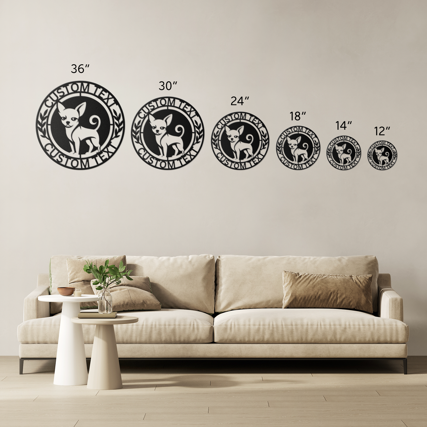 Chihuahua custom metal wall sign in 5 colors & 6 sizes. Made from durable 18-gauge steel, perfect for indoor or outdoor decor. Stylish, weather-resistant charm.