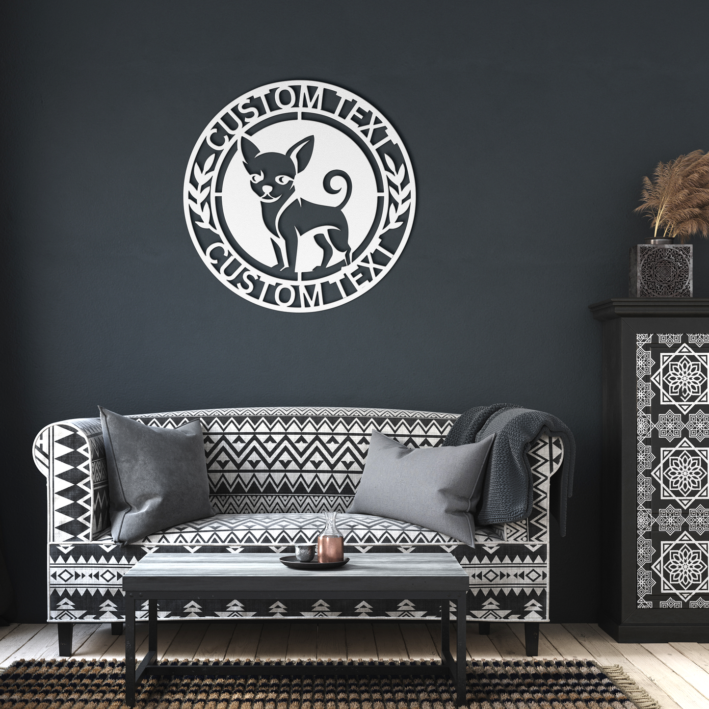 Chihuahua custom metal wall sign in 5 colors & 6 sizes. Made from durable 18-gauge steel, perfect for indoor or outdoor decor. Stylish, weather-resistant charm.