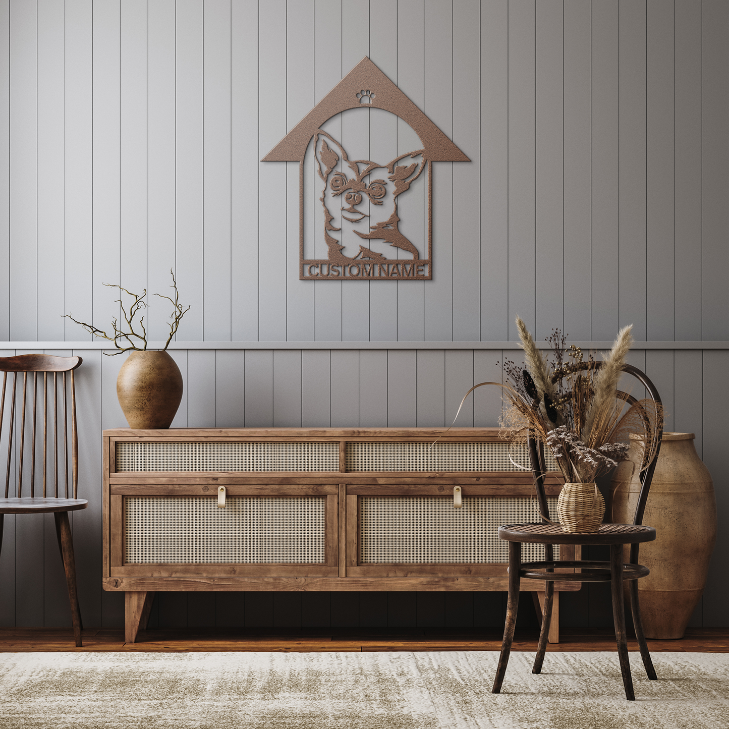 Chihuahua custom metal wall sign in 5 colors & 6 sizes. Made from durable 18-gauge steel, perfect for indoor or outdoor decor. Stylish, weather-resistant charm.