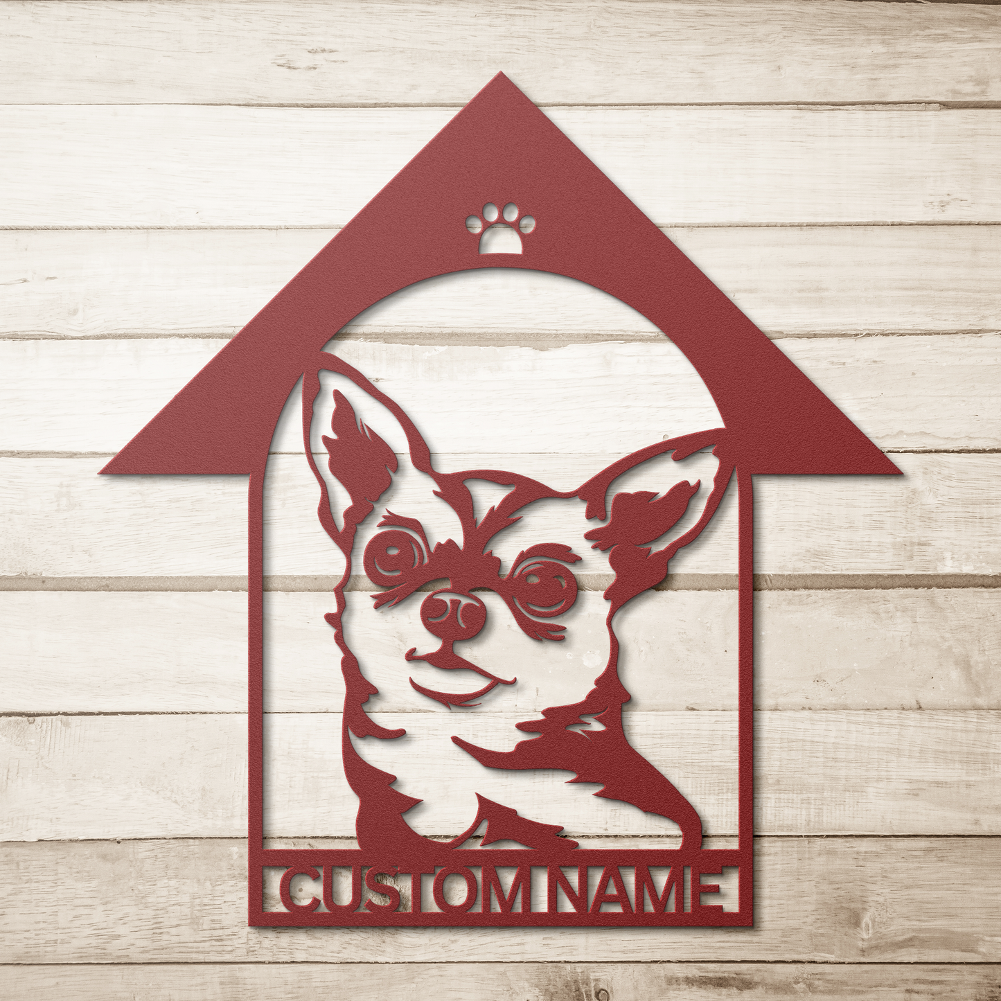 Chihuahua custom metal wall sign in 5 colors & 6 sizes. Made from durable 18-gauge steel, perfect for indoor or outdoor decor. Stylish, weather-resistant charm.