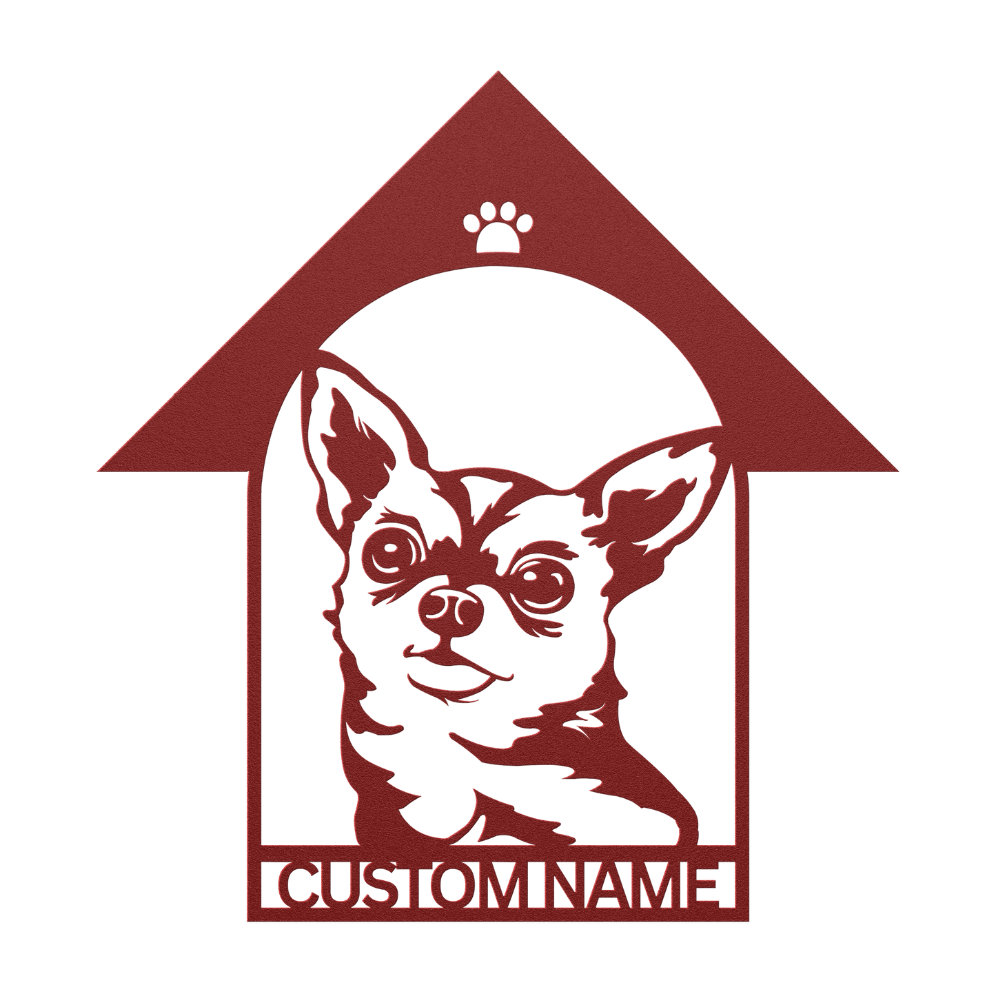 Chihuahua custom metal wall sign in 5 colors & 6 sizes. Made from durable 18-gauge steel, perfect for indoor or outdoor decor. Stylish, weather-resistant charm.