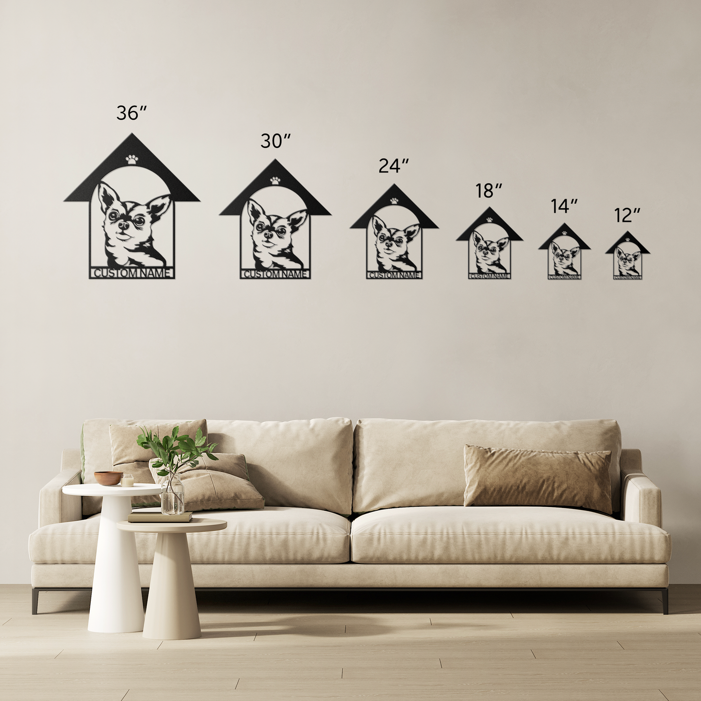 Chihuahua custom metal wall sign in 5 colors & 6 sizes. Made from durable 18-gauge steel, perfect for indoor or outdoor decor. Stylish, weather-resistant charm.