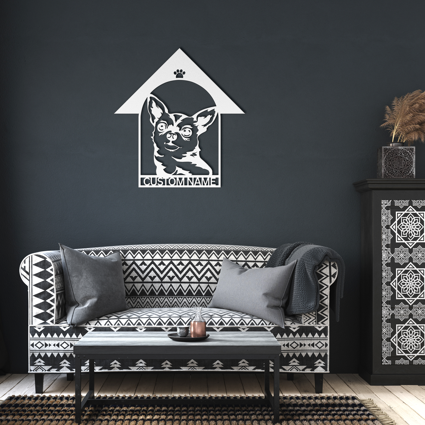 Chihuahua custom metal wall sign in 5 colors & 6 sizes. Made from durable 18-gauge steel, perfect for indoor or outdoor decor. Stylish, weather-resistant charm.