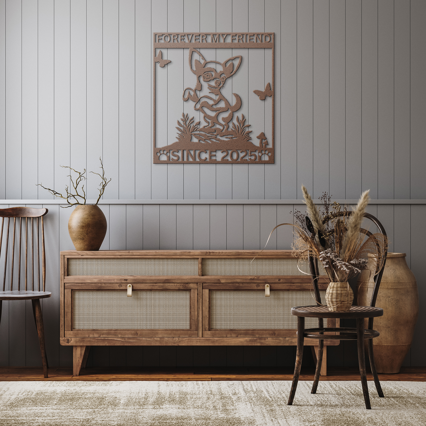 Custom_Metal_Chihuahua_Wall_Art_-_Family_Copper_Rustic_Hallway_Mockup.png