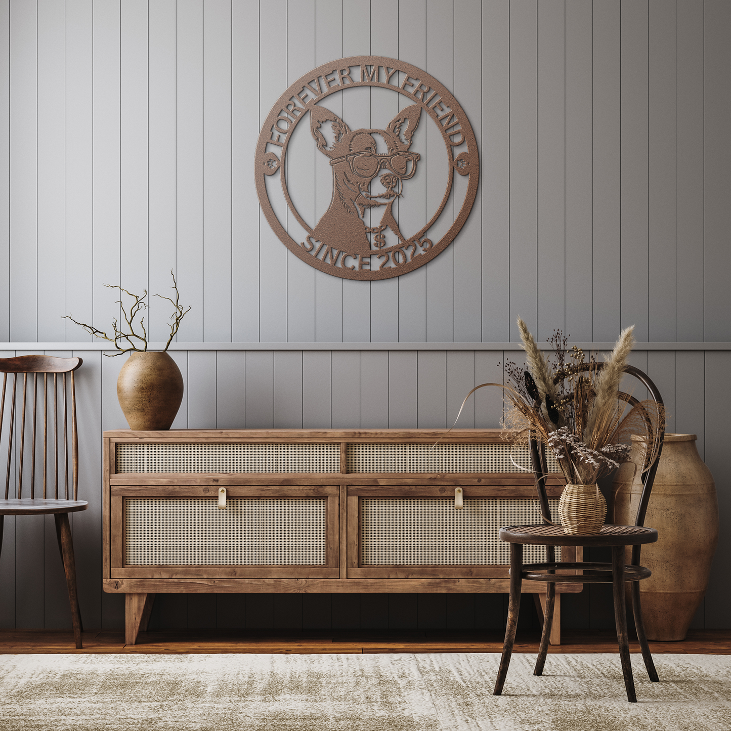 Custom_Metal_Chihuahua_Wall_Art_-_Person_Copper_Rustic_Hallway_Mockup.png