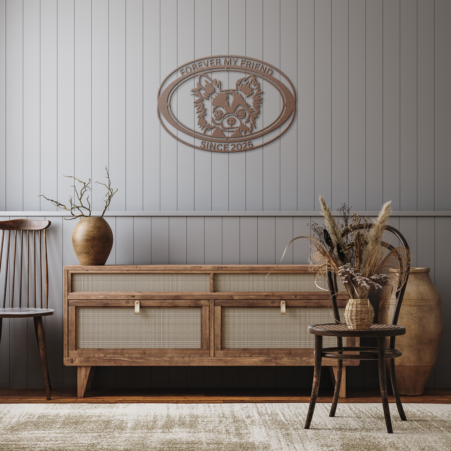 Custom_Metal_Chihuahua_Wall_Art__Family_Copper_Rustic_Hallway_Mockup.png