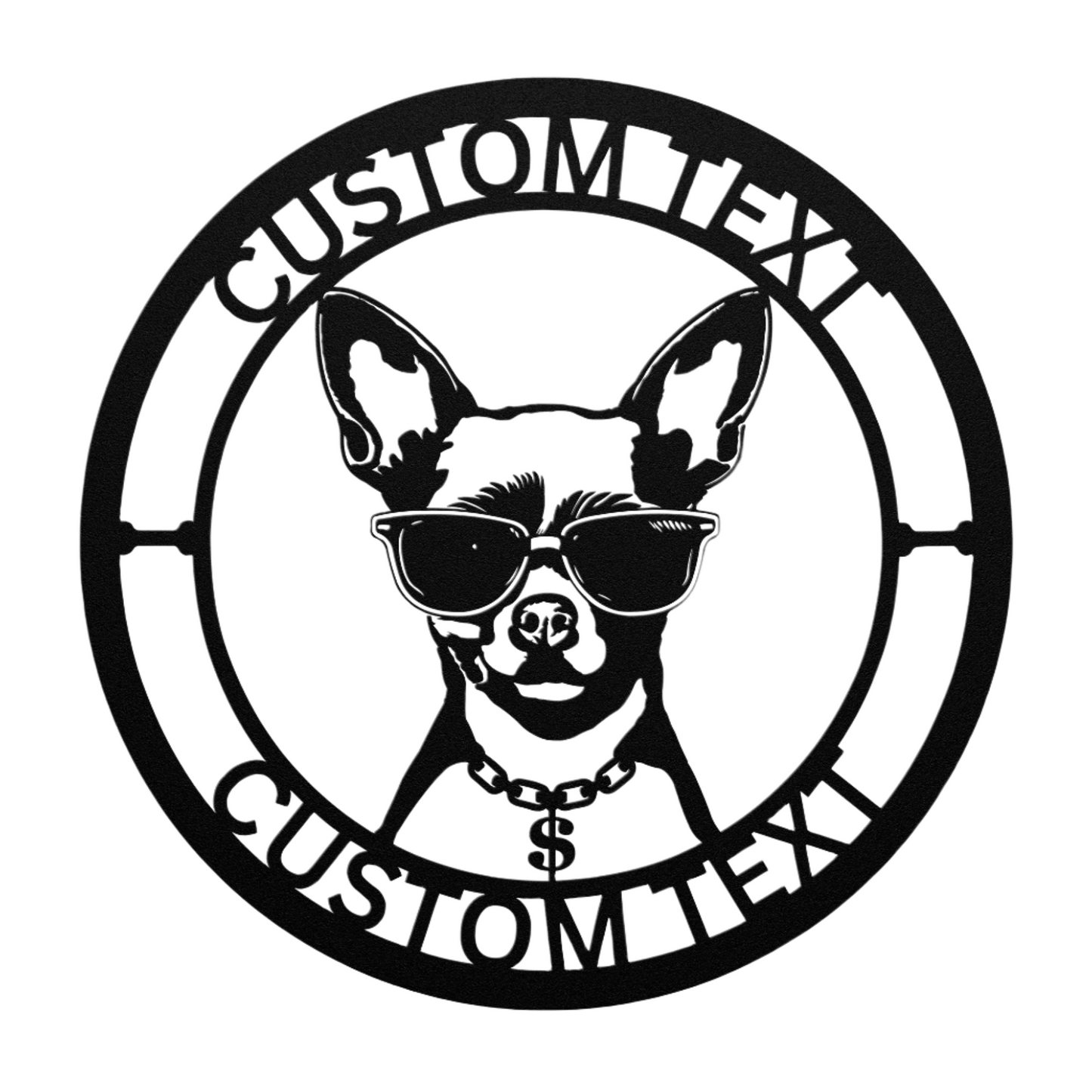 Chihuahua custom metal wall sign in 5 colors & 6 sizes. Made from durable 18-gauge steel, perfect for indoor or outdoor decor. Stylish, weather-resistant charm.