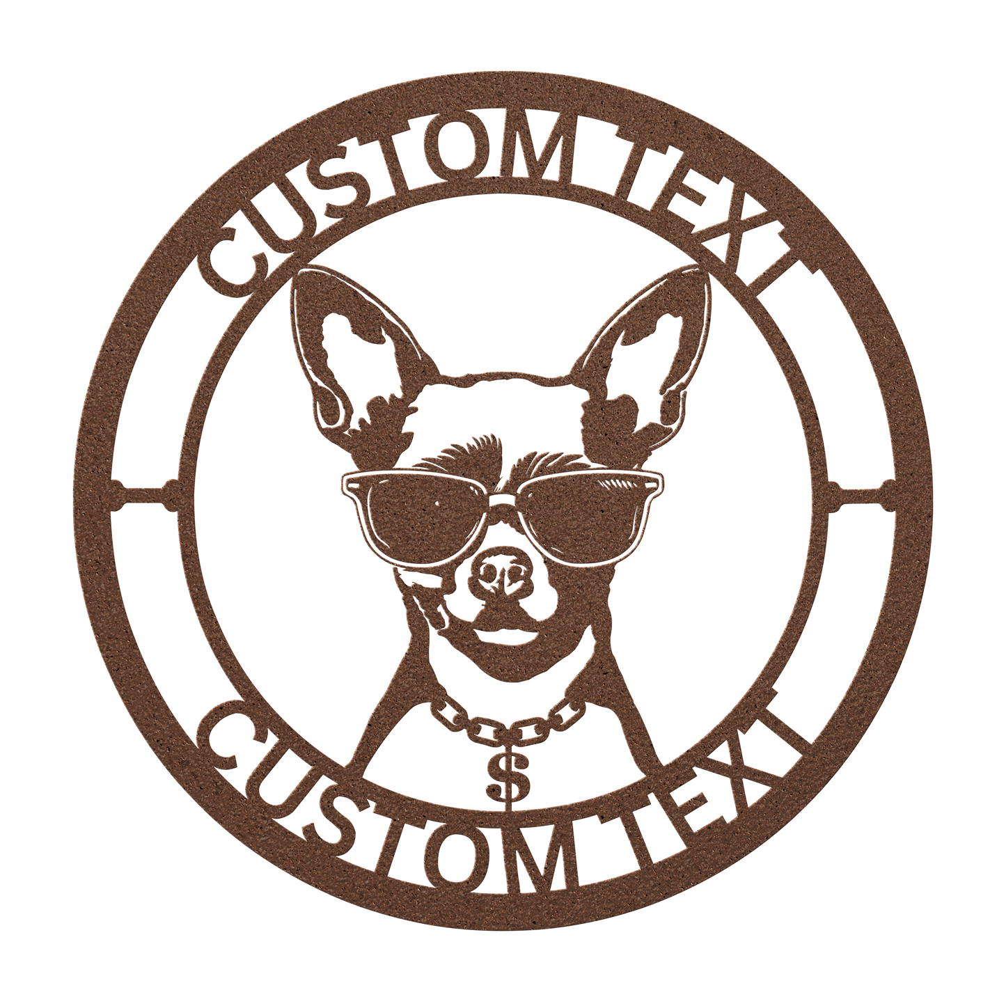 Chihuahua custom metal wall sign in 5 colors & 6 sizes. Made from durable 18-gauge steel, perfect for indoor or outdoor decor. Stylish, weather-resistant charm.