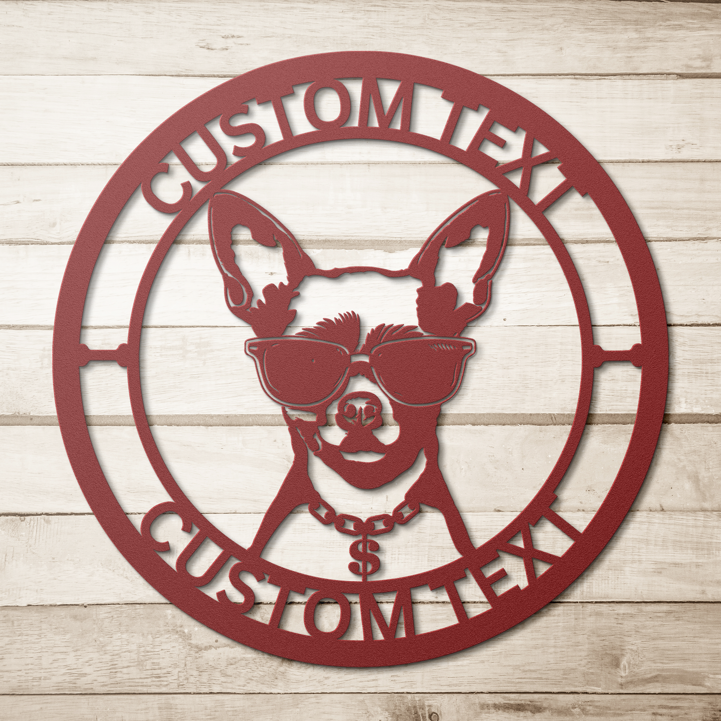 Chihuahua custom metal wall sign in 5 colors & 6 sizes. Made from durable 18-gauge steel, perfect for indoor or outdoor decor. Stylish, weather-resistant charm.