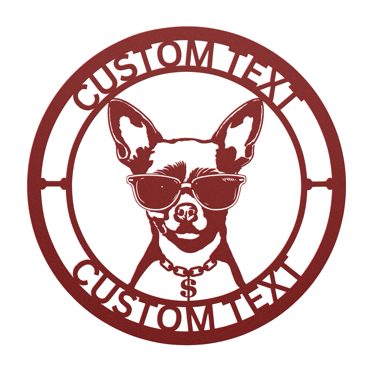 Chihuahua custom metal wall sign in 5 colors & 6 sizes. Made from durable 18-gauge steel, perfect for indoor or outdoor decor. Stylish, weather-resistant charm.