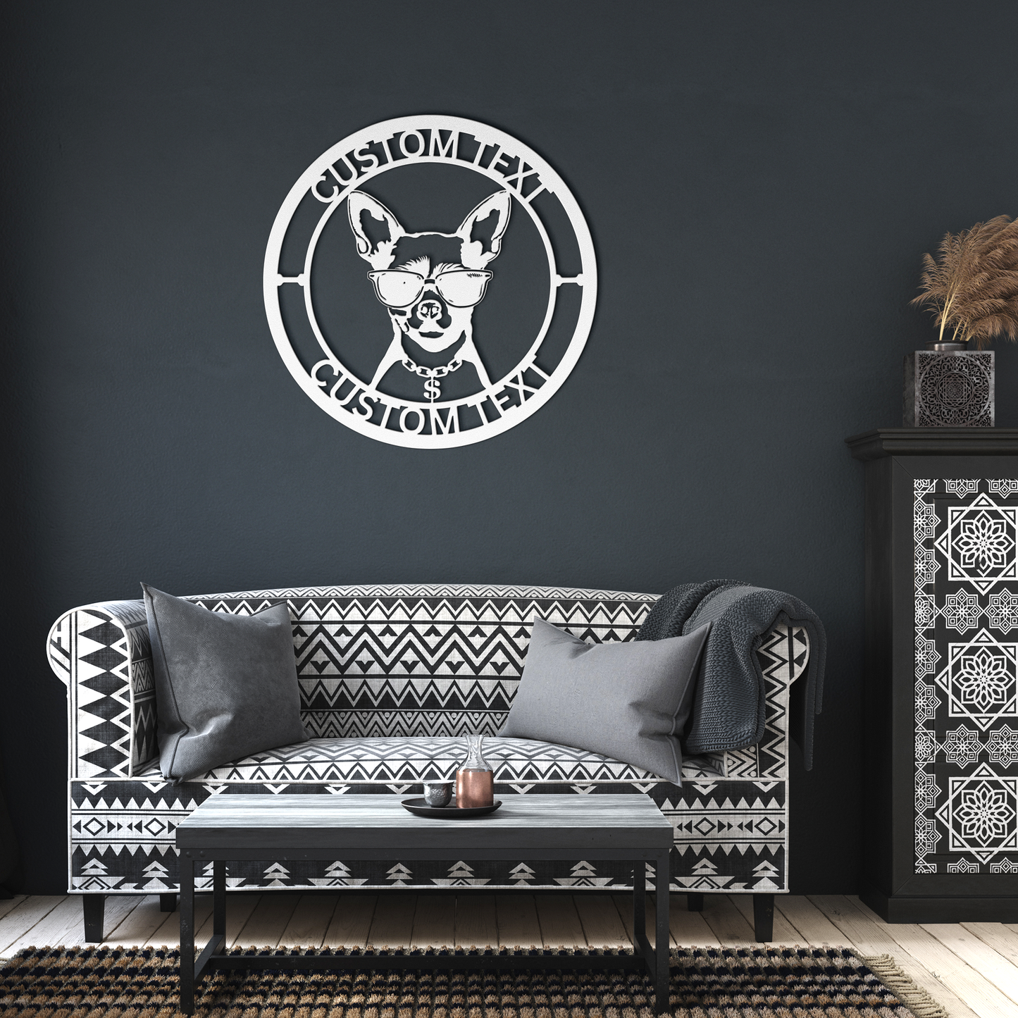 Chihuahua custom metal wall sign in 5 colors & 6 sizes. Made from durable 18-gauge steel, perfect for indoor or outdoor decor. Stylish, weather-resistant charm.