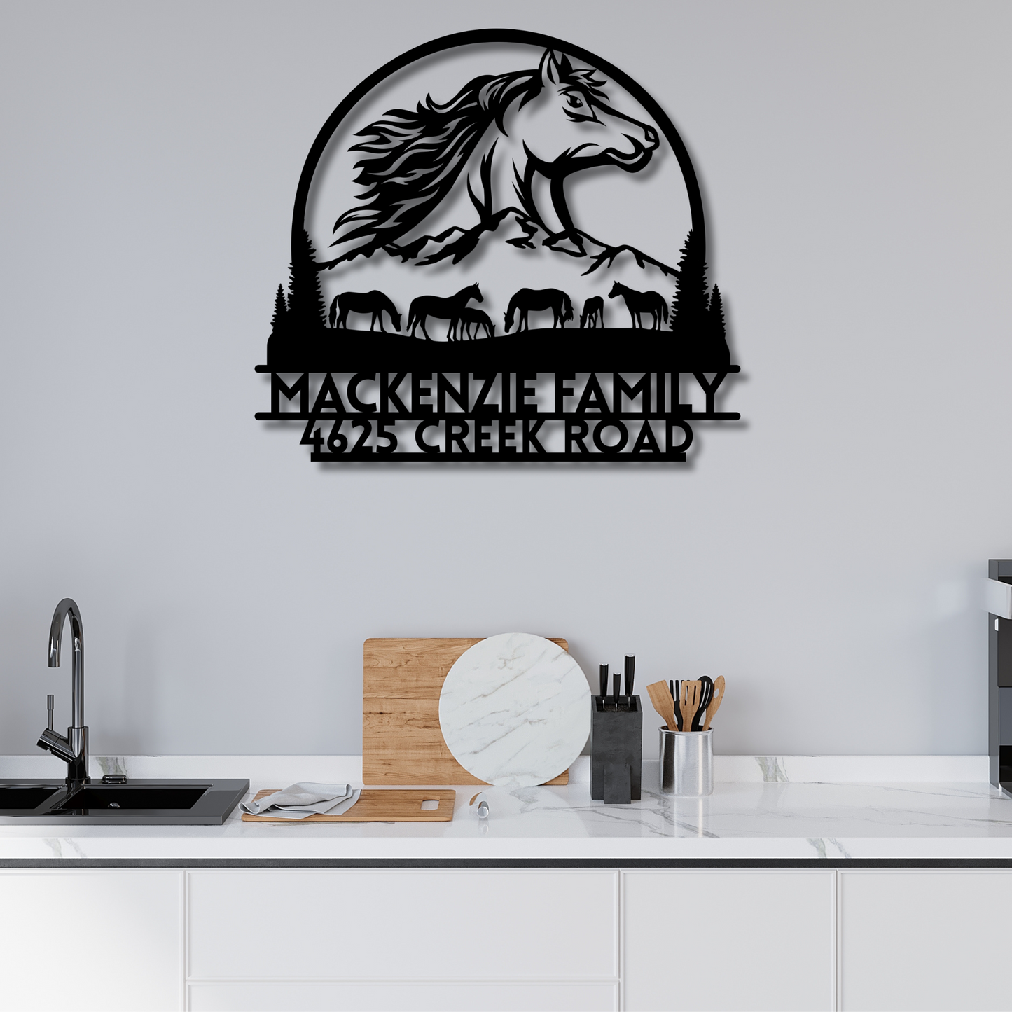 Personalized Metal Horse Wall Art - Rustic Farmhouse Decor, Handcrafted Horse Sculpture in Black Color and Sizes