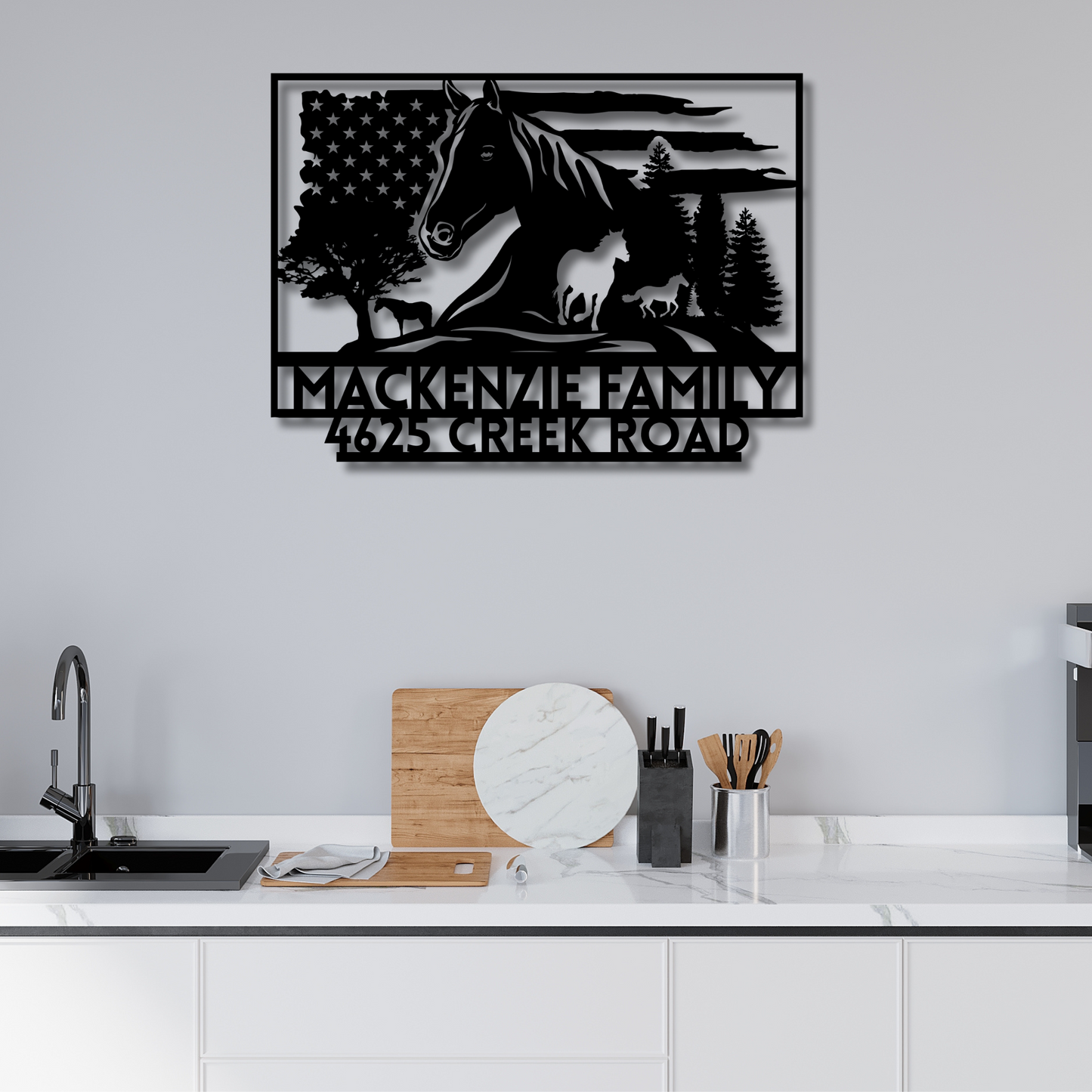 Custom Metal Horse Wall Art - Personalized Family Name Sign with House Numbers, Rustic Farmhouse Decor
