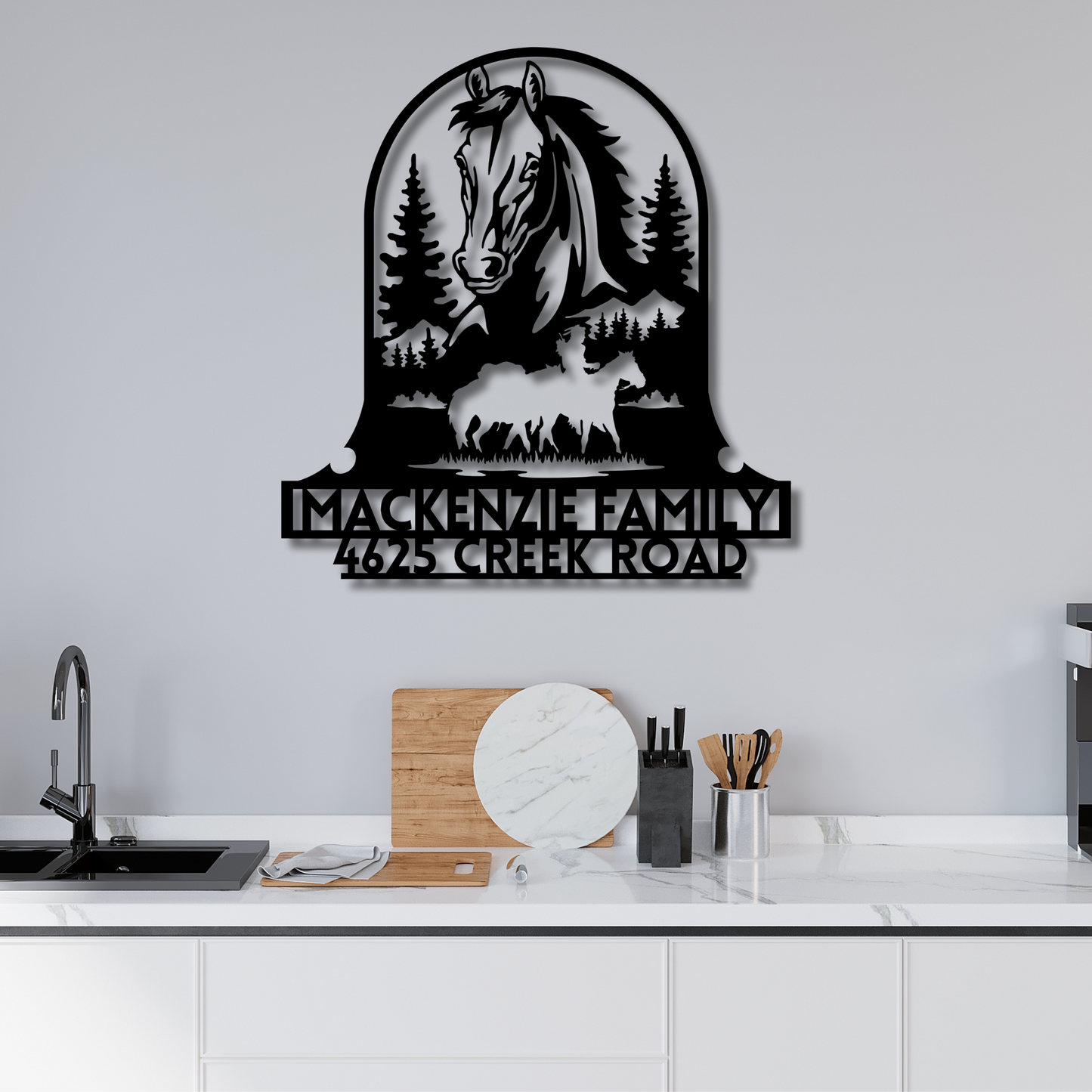 Custom Metal Hobby Horse Wall Art - Personalized Family Name & House Number Sign, Farmhouse Decor