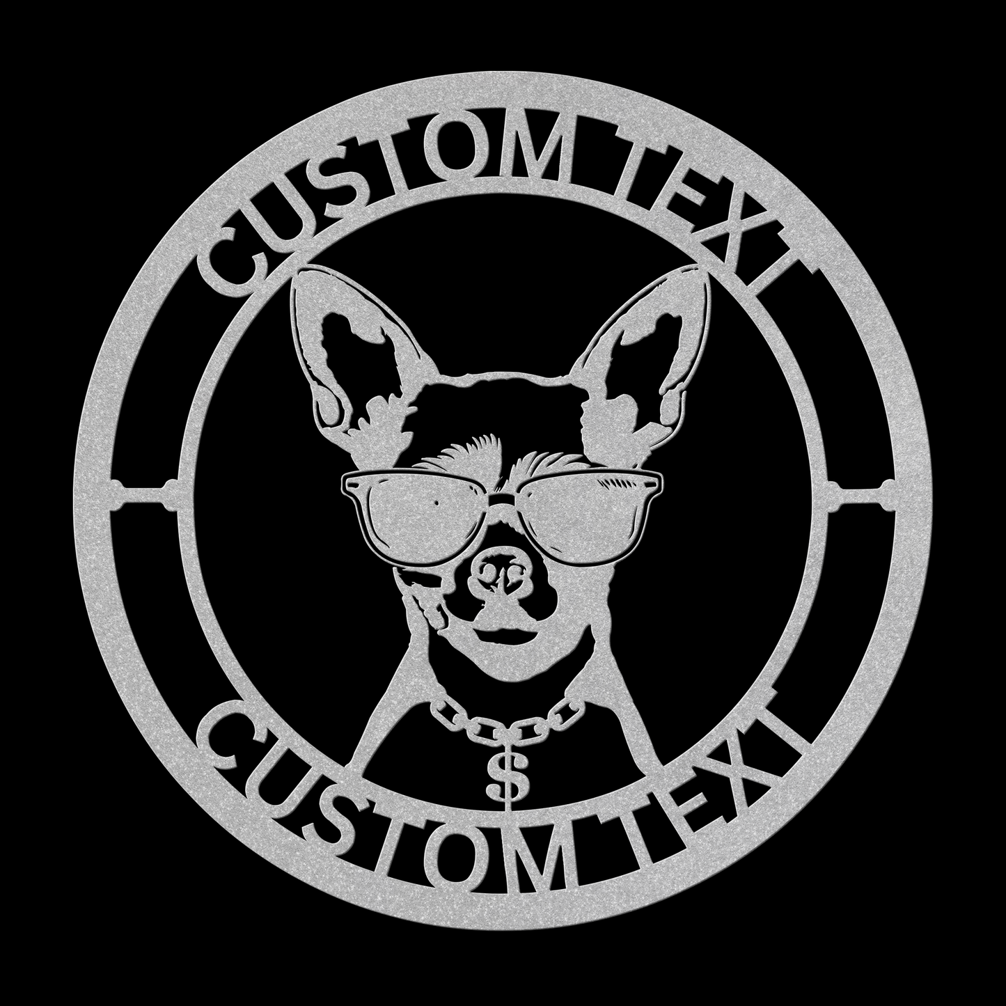 Chihuahua custom metal wall sign in 5 colors & 6 sizes. Made from durable 18-gauge steel, perfect for indoor or outdoor decor. Stylish, weather-resistant charm.