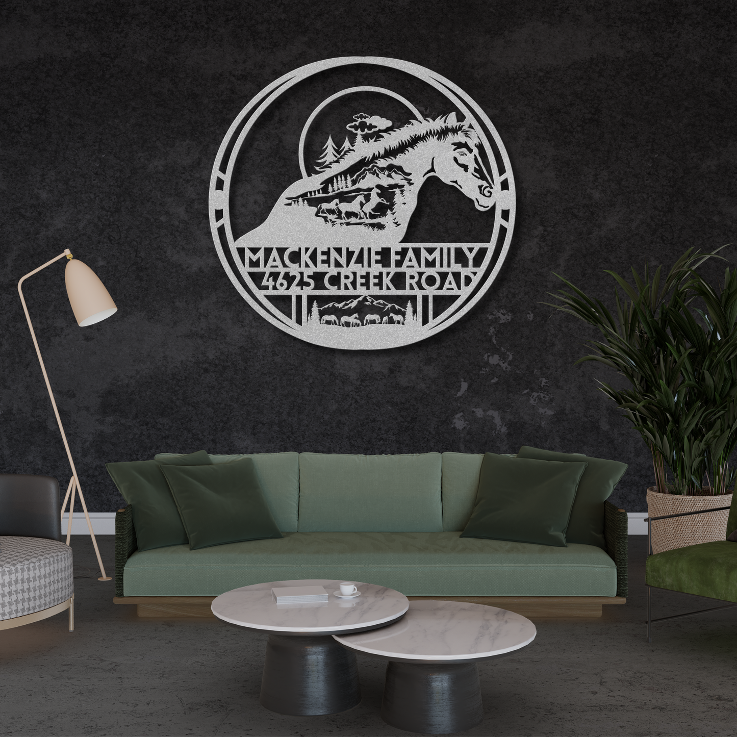Custom Metal Horse Wall Art - Family Name & House Number Sign, Rustic Farmhouse Decor