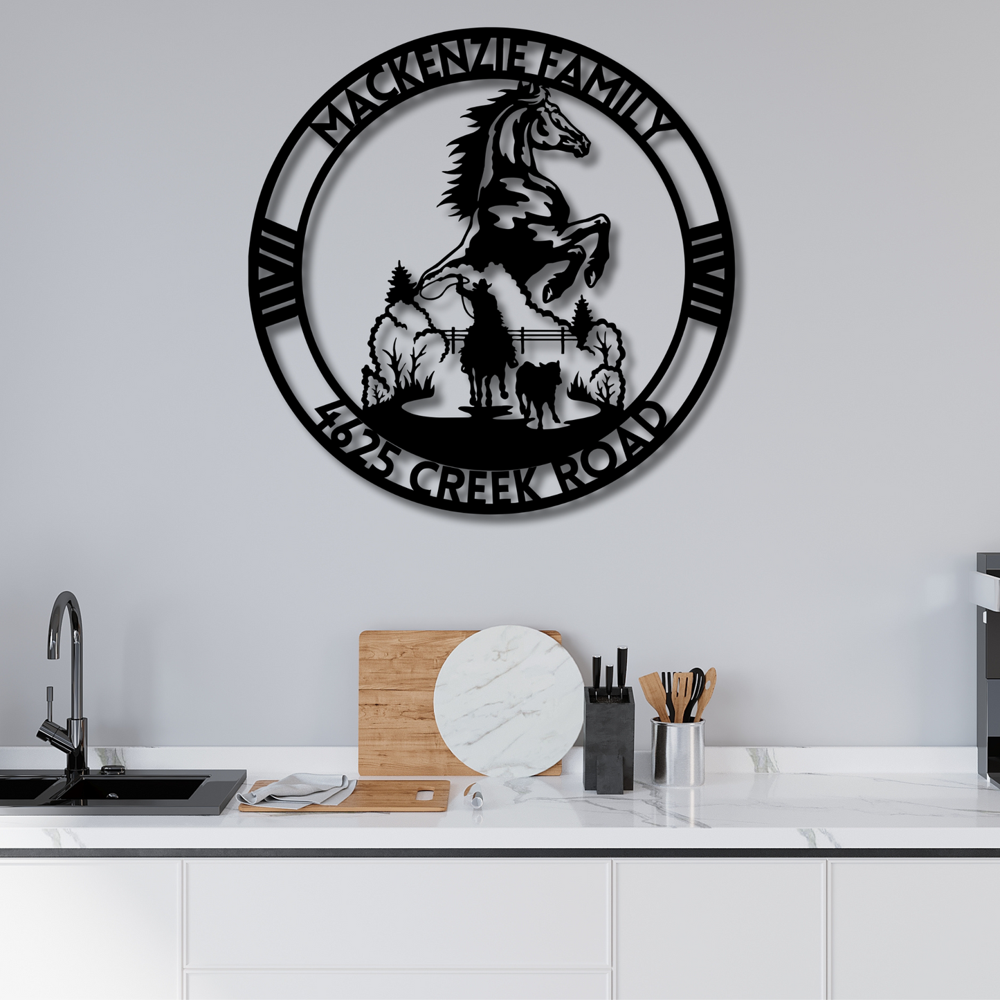 Custom Metal Hobby Horse Wall Art - Personalized Family Name & House Number Sign, Rustic Farmhouse Decor