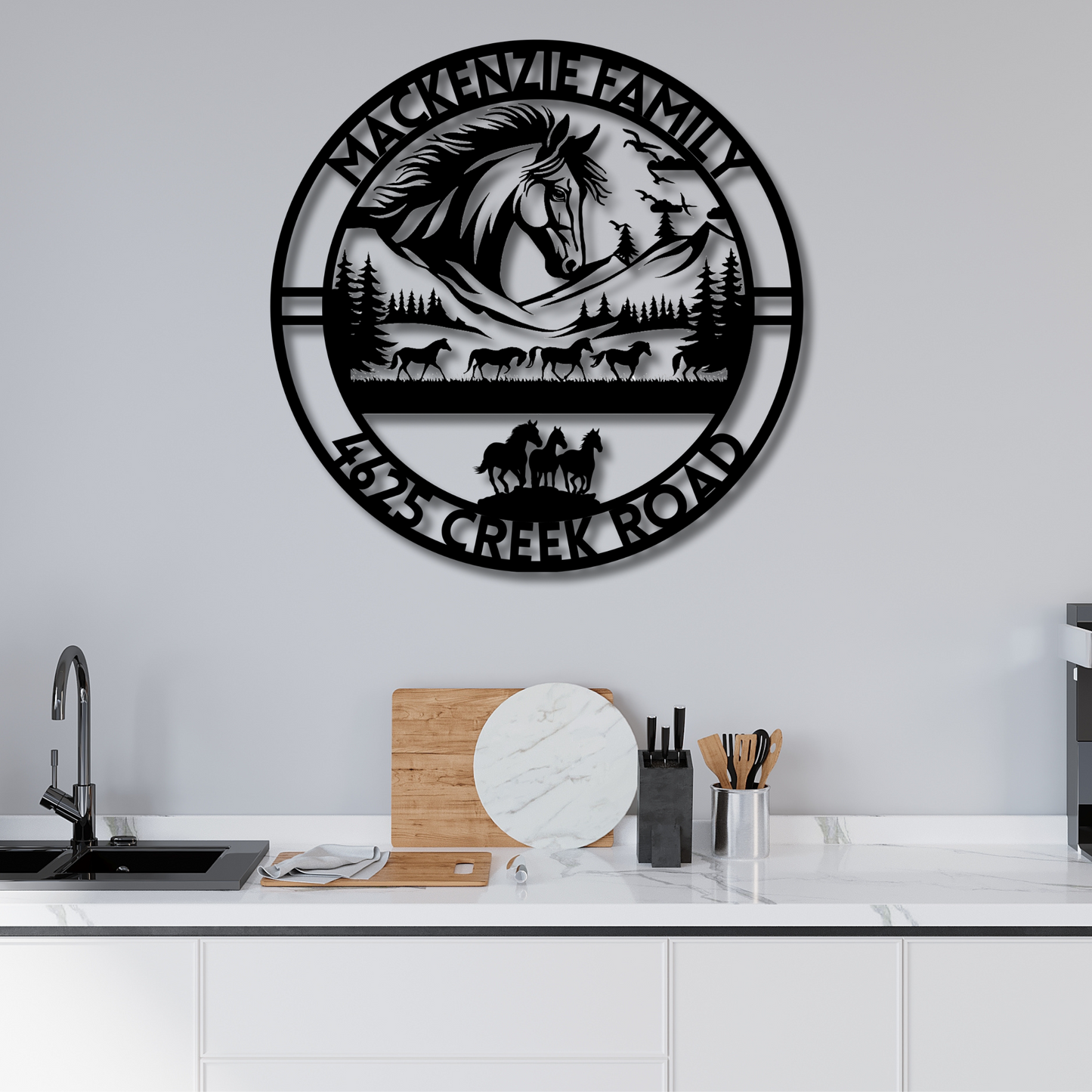 Custom Metal Hobby Horse Wall Art - Family Name & House Number Sign, Rustic Farmhouse Decor