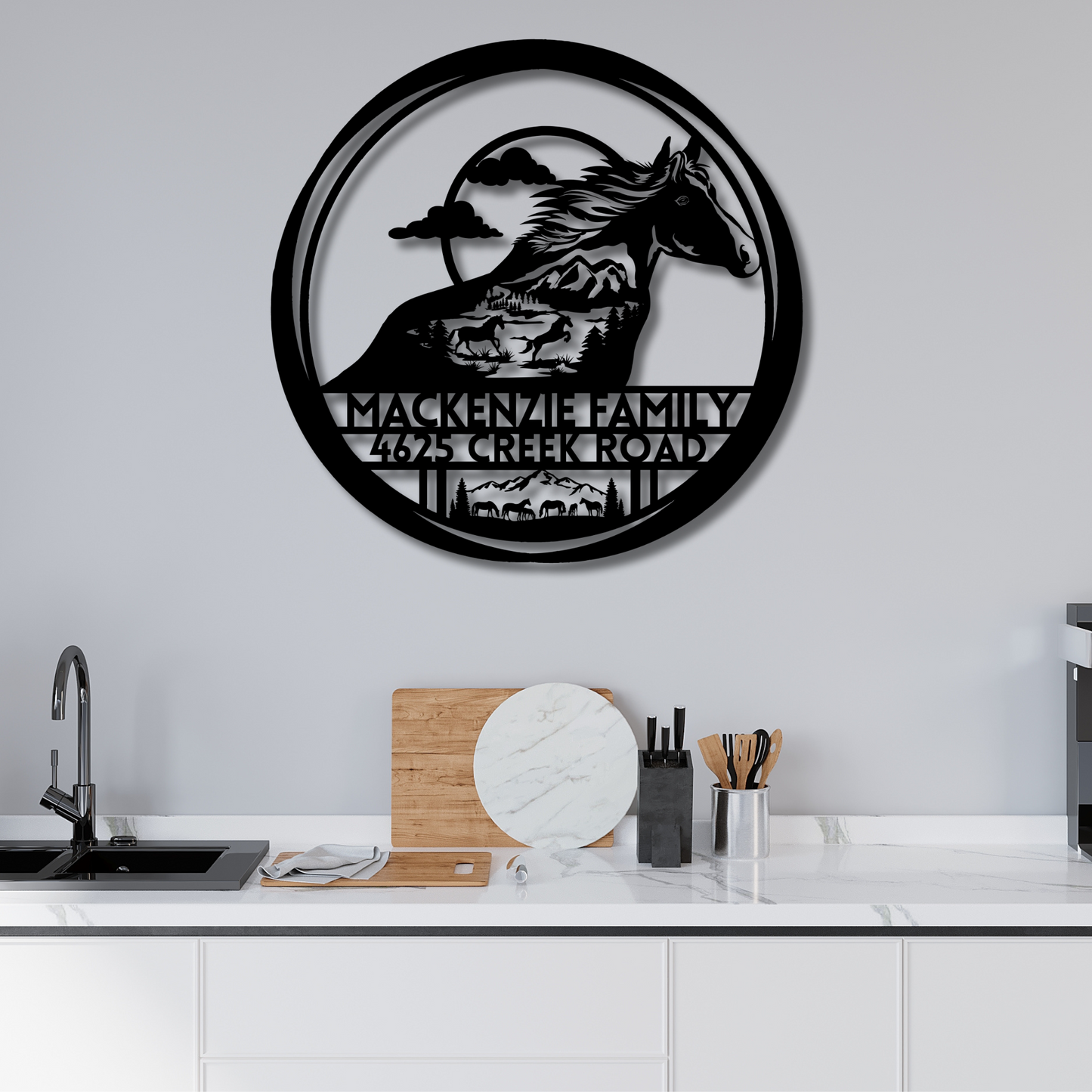 Custom Metal Hobby Horse Wall Art - Personalized Family Name & House Number Sign, Rustic Farmhouse Decor