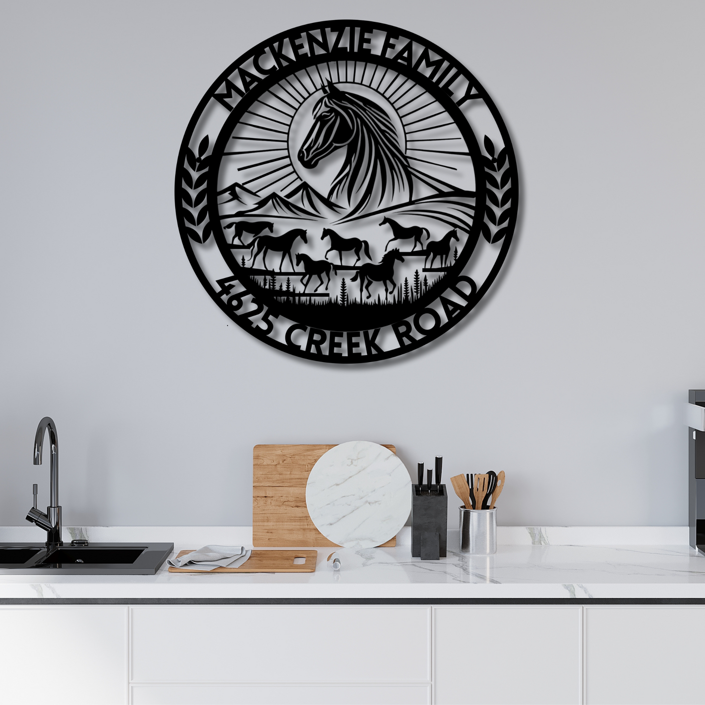 Custom Hobby Horse Metal Wall Art - Rustic Farmhouse Family Name and House Number Sign