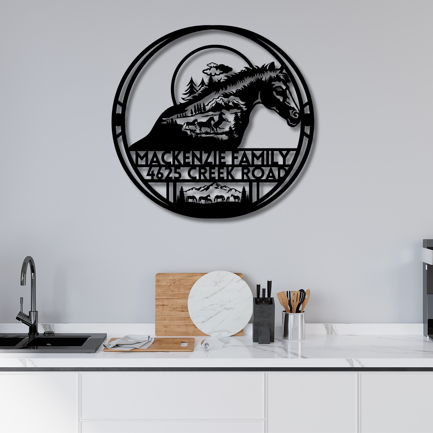 Custom Metal Horse Wall Art - Family Name & House Number Sign, Rustic Farmhouse Decor