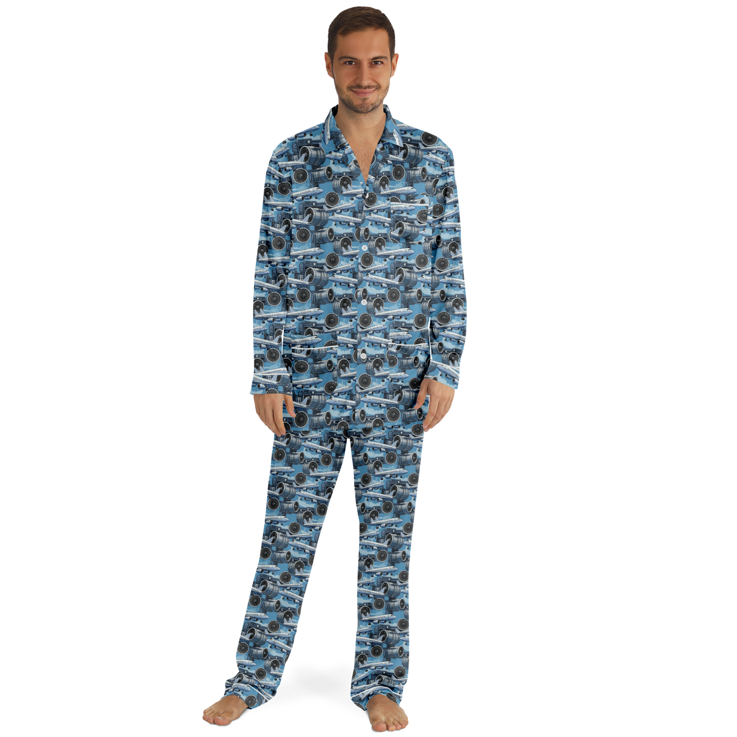 Men's Satin Blue Sky Aircraft Mechanic Pajamas - AOP