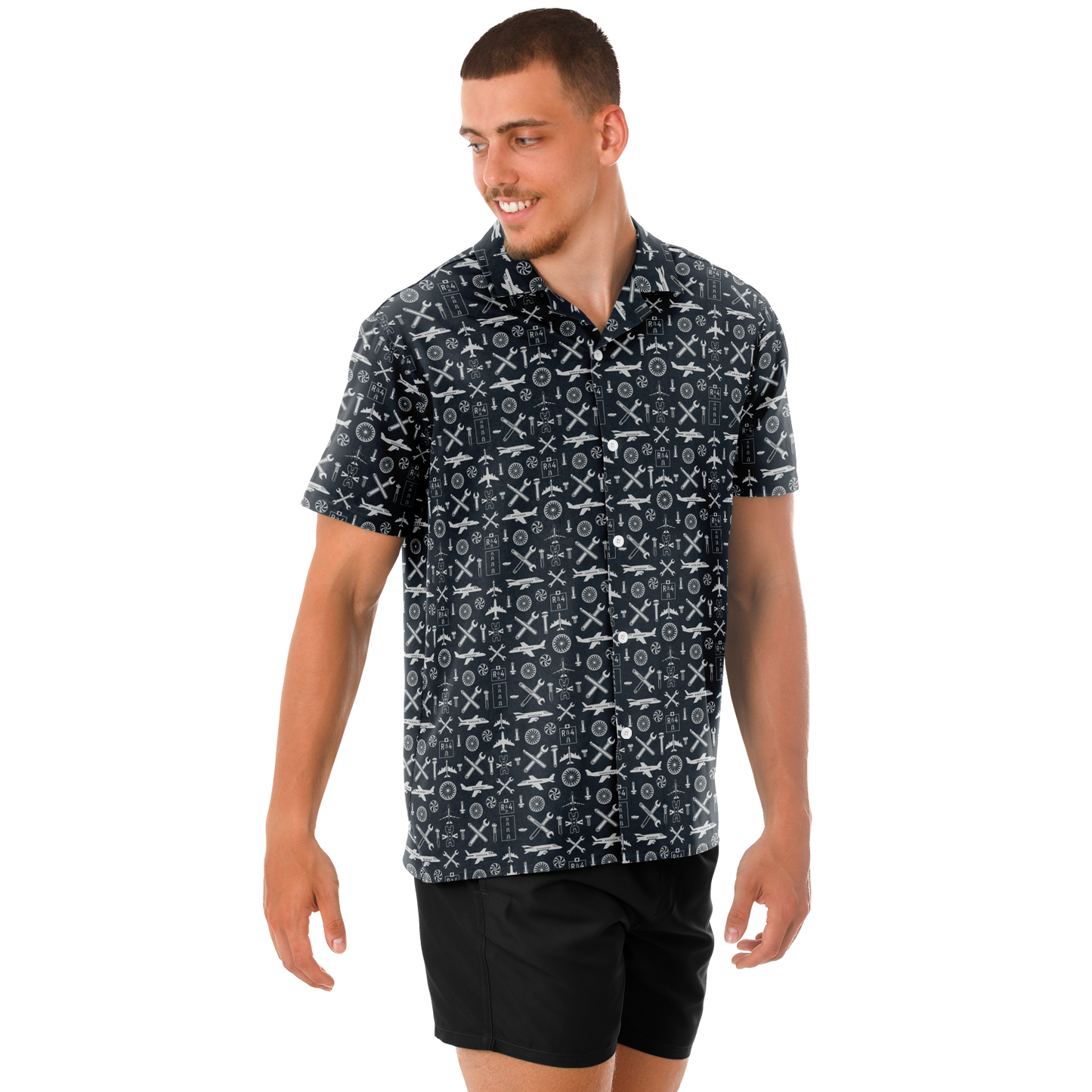 Spread Collar Short Sleeve Button-Down Aircraft Symbol Shirt For Aircraft Mechanic - AOP