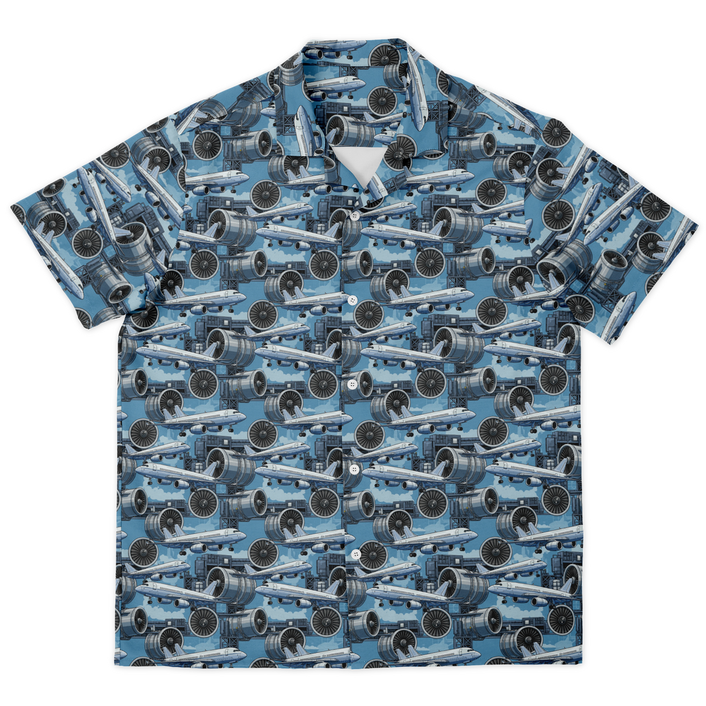 Spread Collar Short Sleeve Button-Down Blue Sky Aircraft Mechanic Shirt - AOP