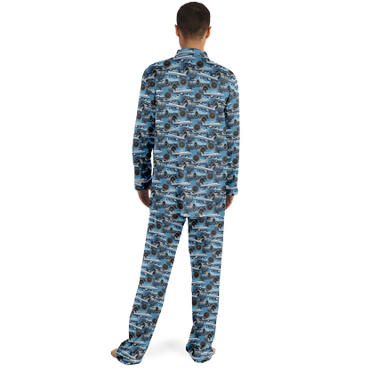 Men's Satin Blue Sky Aircraft Mechanic Pajamas - AOP