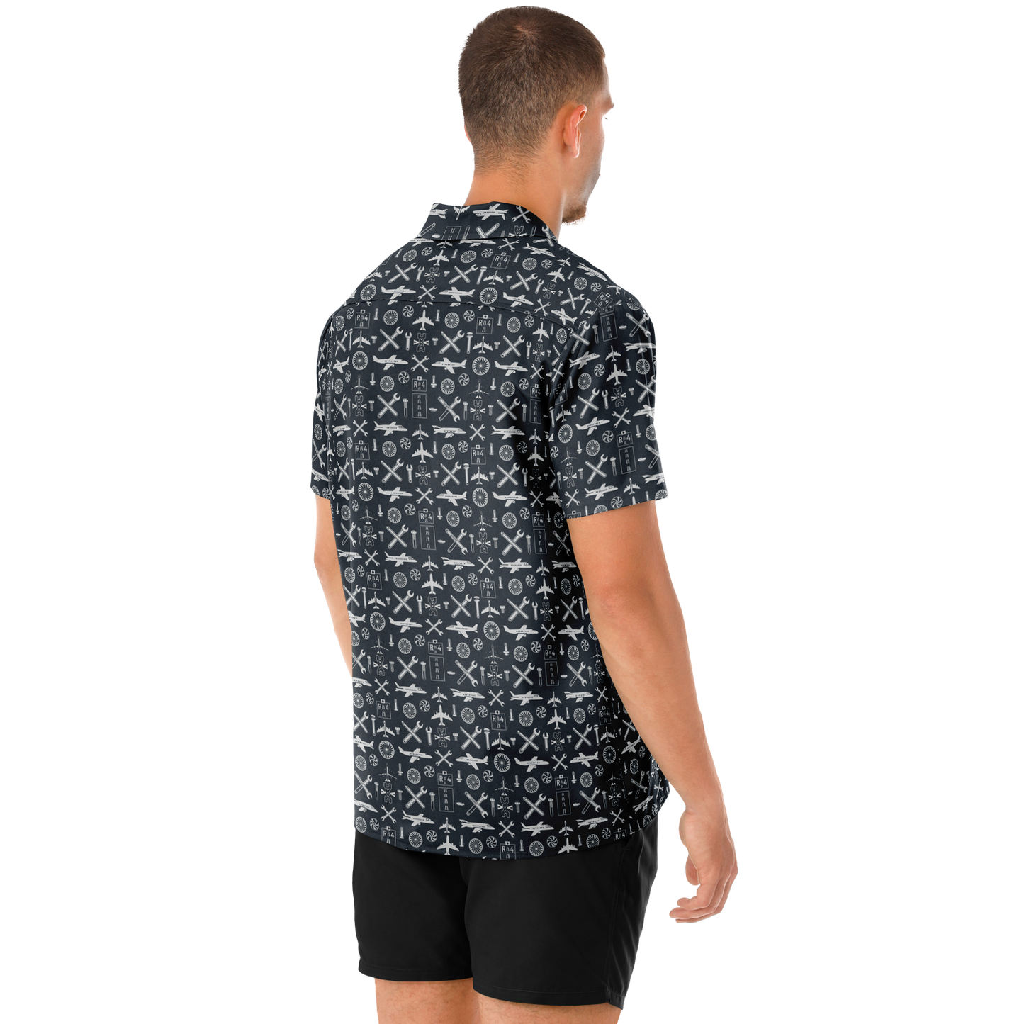 Spread Collar Short Sleeve Button-Down Aircraft Symbol Shirt For Aircraft Mechanic - AOP