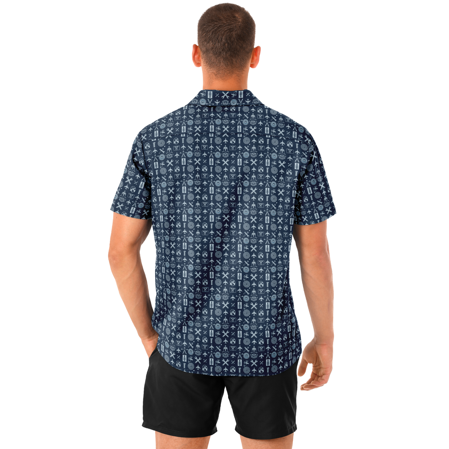 Spread Collar Short Sleeve Button-Down Shirt Aircraft Mechanics- AOP