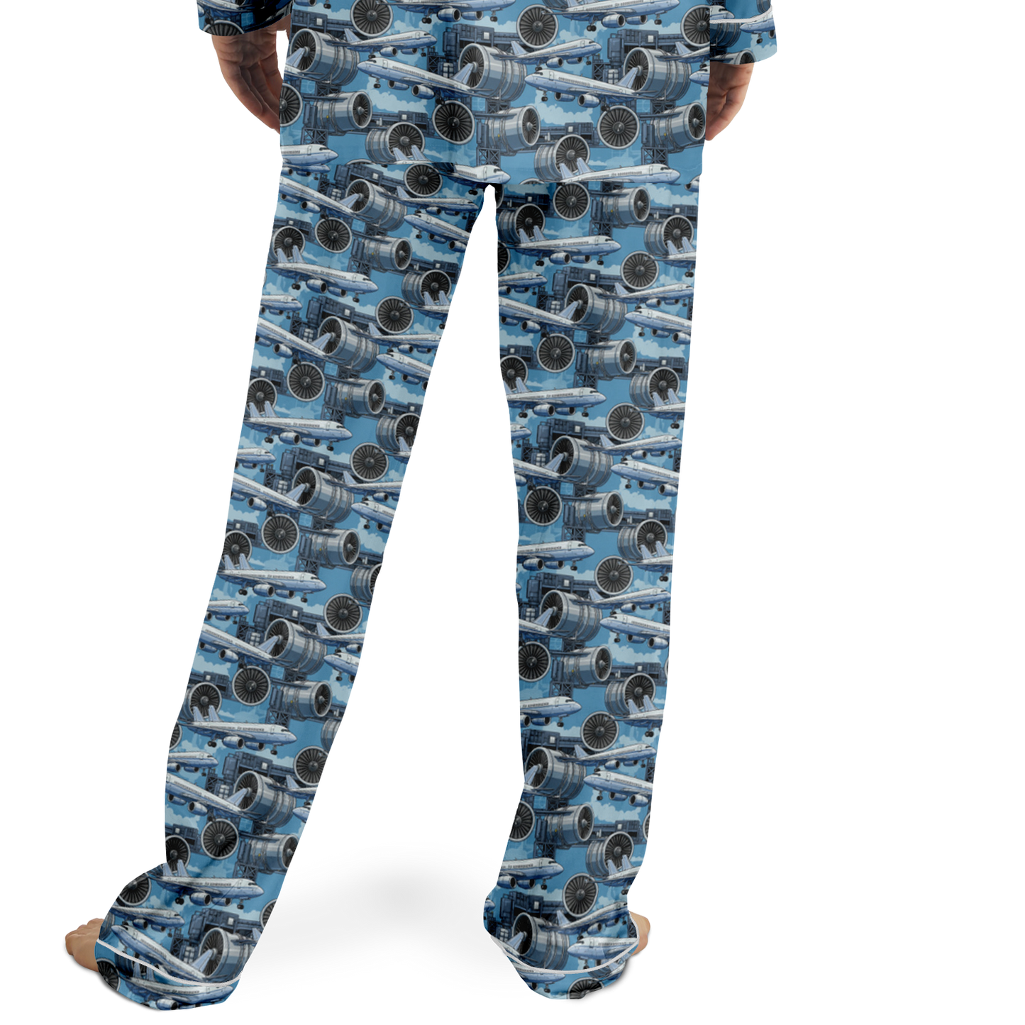 Men's Satin Blue Sky Aircraft Mechanic Pajamas - AOP