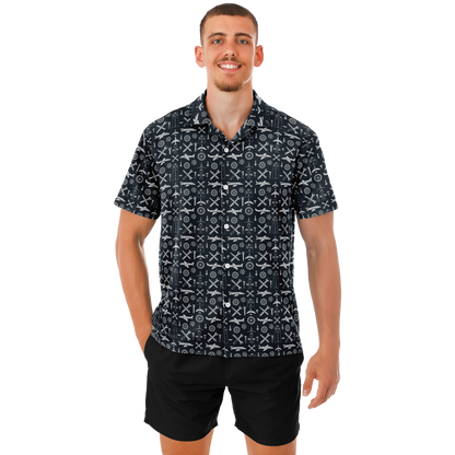 Spread Collar Short Sleeve Button-Down Aircraft Symbol Shirt For Aircraft Mechanic - AOP