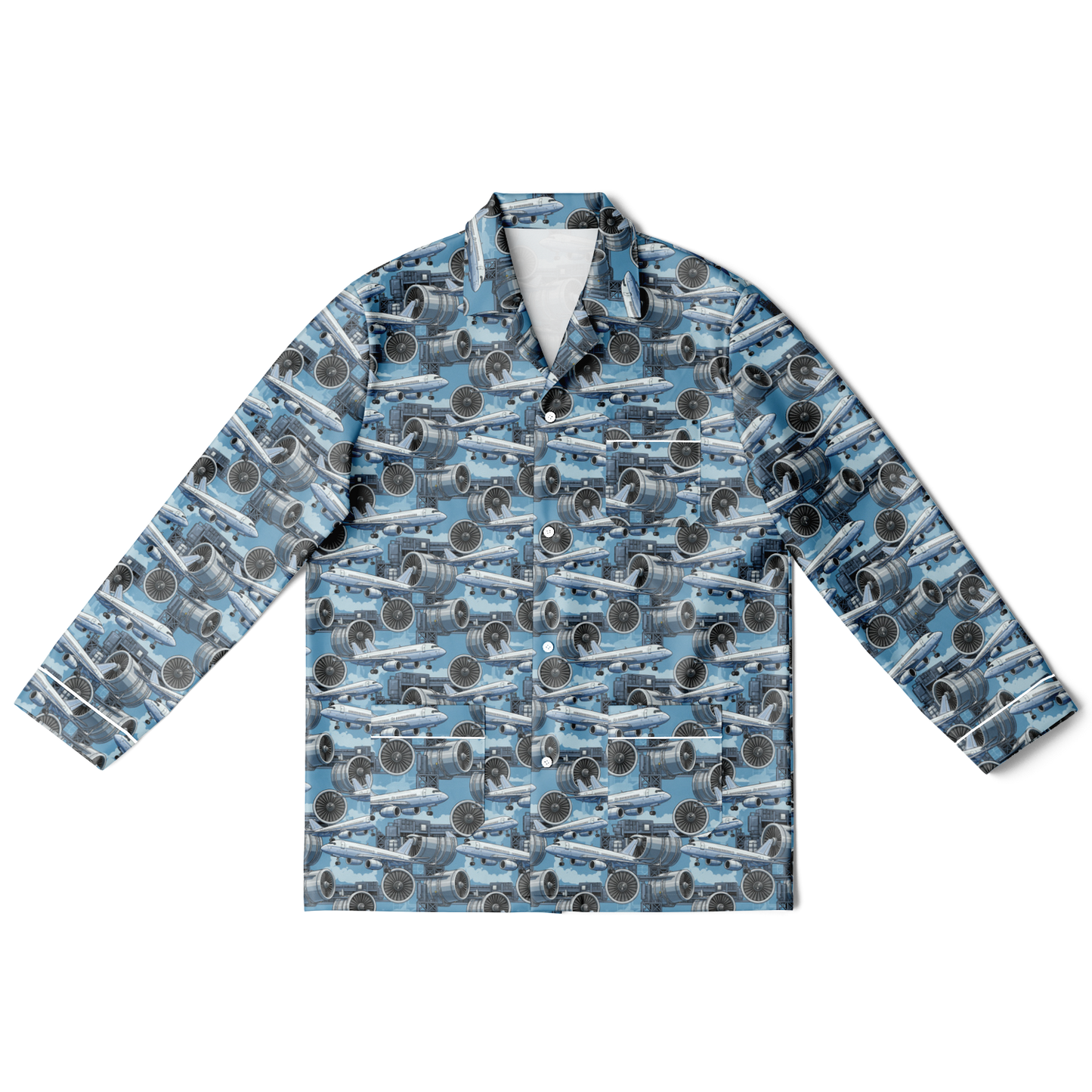 Men's Satin Blue Sky Aircraft Mechanic Pajamas - AOP