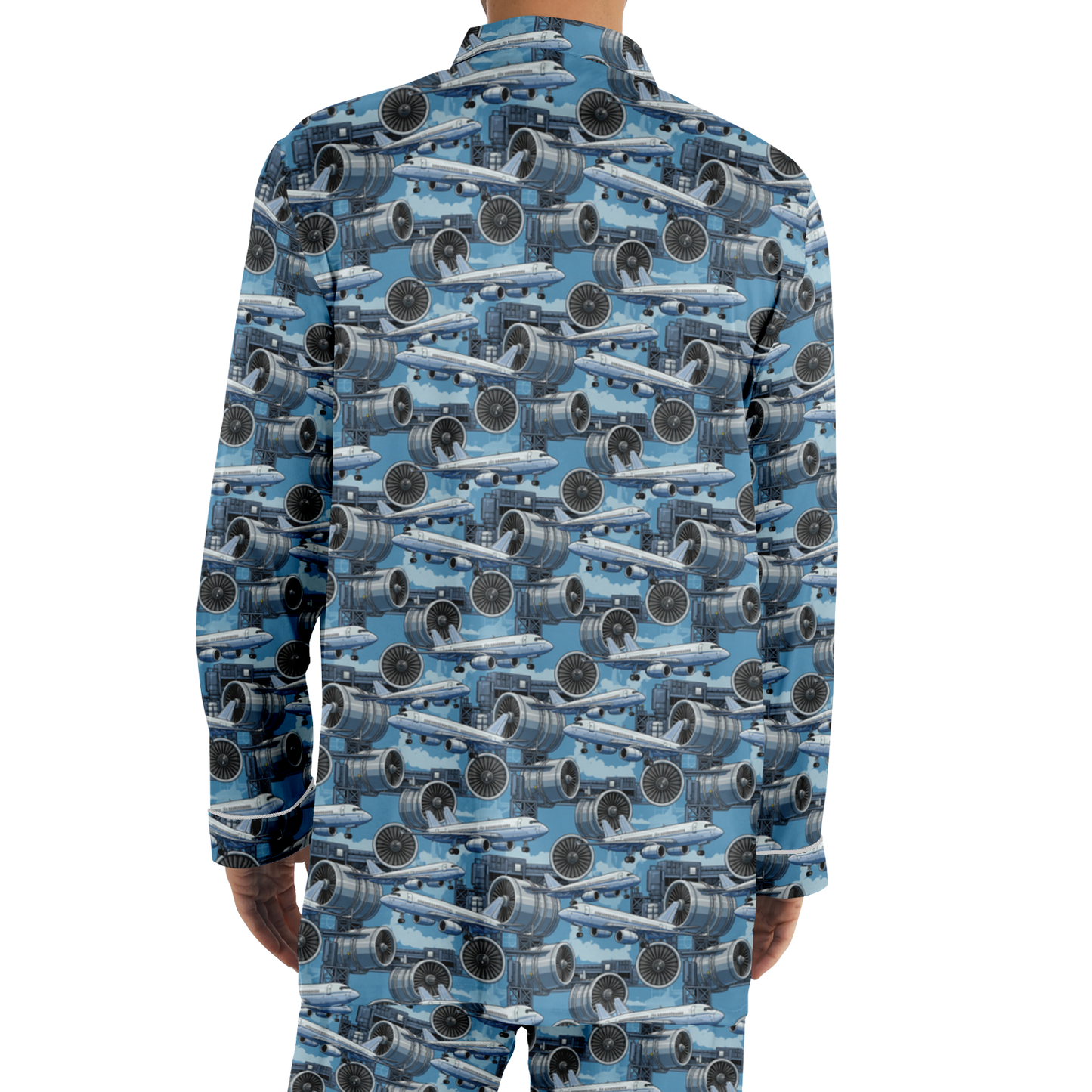 Men's Satin Blue Sky Aircraft Mechanic Pajamas - AOP