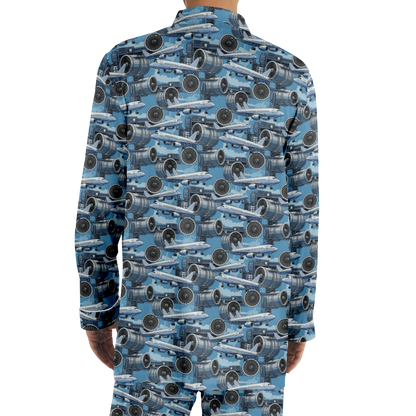 Men's Satin Blue Sky Aircraft Mechanic Pajamas - AOP