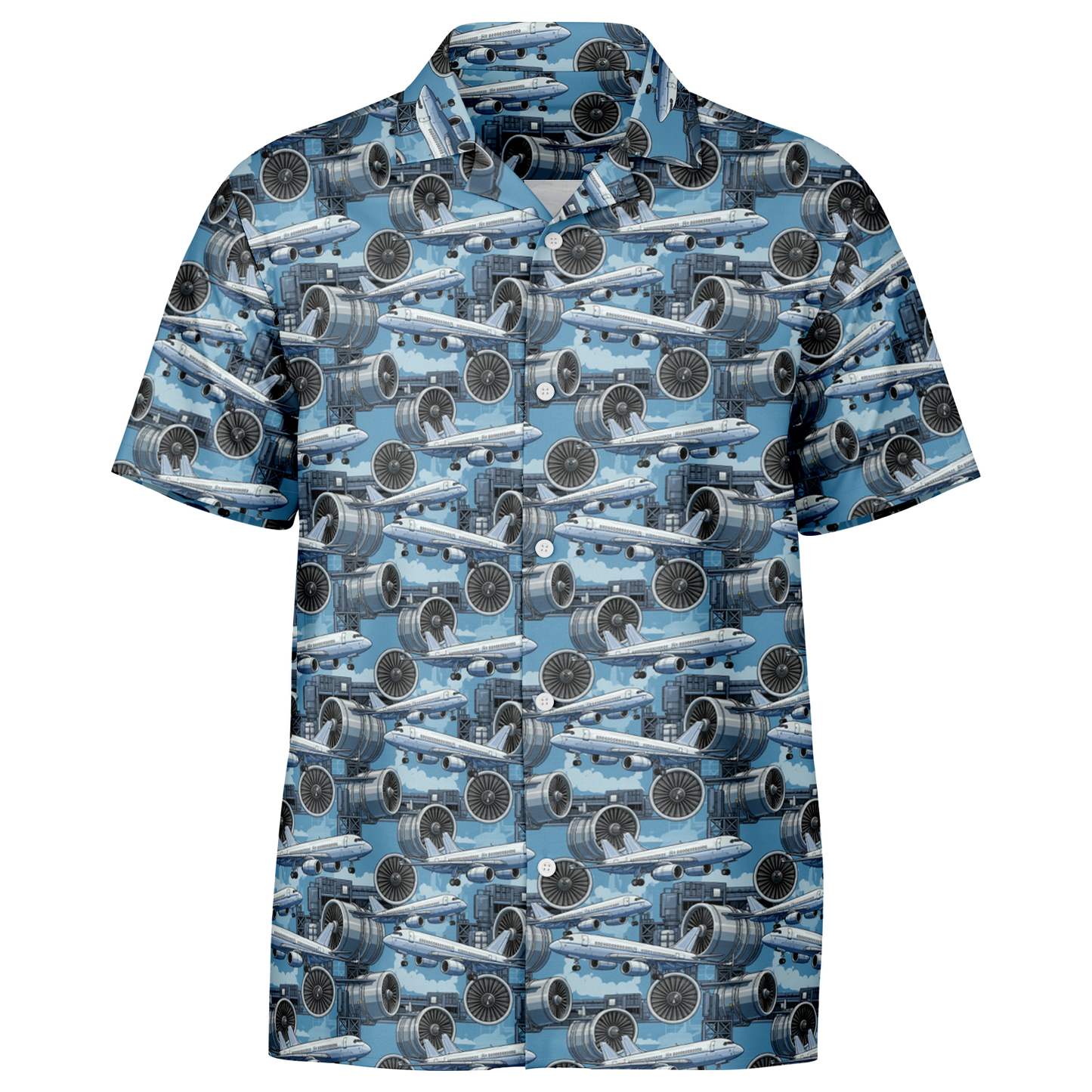 Spread Collar Short Sleeve Button-Down Blue Sky Aircraft Mechanic Shirt - AOP