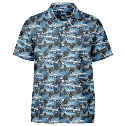 Spread Collar Short Sleeve Button-Down Blue Sky Aircraft Mechanic Shirt - AOP