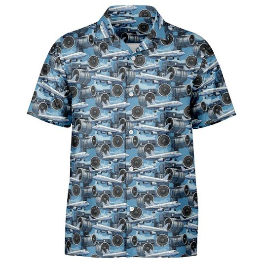 Spread Collar Short Sleeve Button-Down Blue Sky Aircraft Mechanic Shirt - AOP