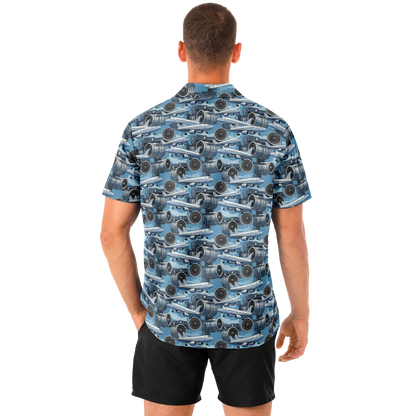 Spread Collar Short Sleeve Button-Down Blue Sky Aircraft Mechanic Shirt - AOP