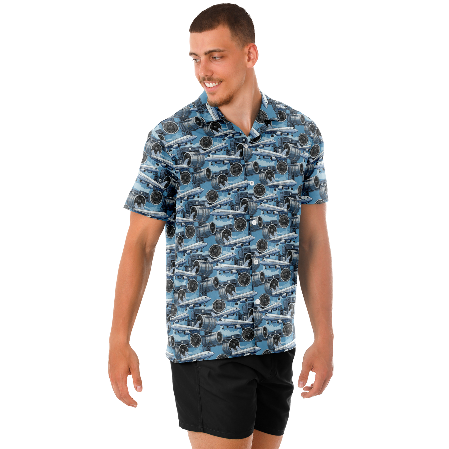 Spread Collar Short Sleeve Button-Down Blue Sky Aircraft Mechanic Shirt - AOP