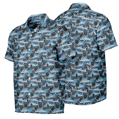 Spread Collar Short Sleeve Button-Down Blue Sky Aircraft Mechanic Shirt - AOP