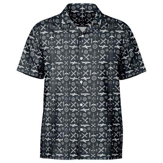 Spread Collar Short Sleeve Button-Down Aircraft Symbol Shirt For Aircraft Mechanic - AOP