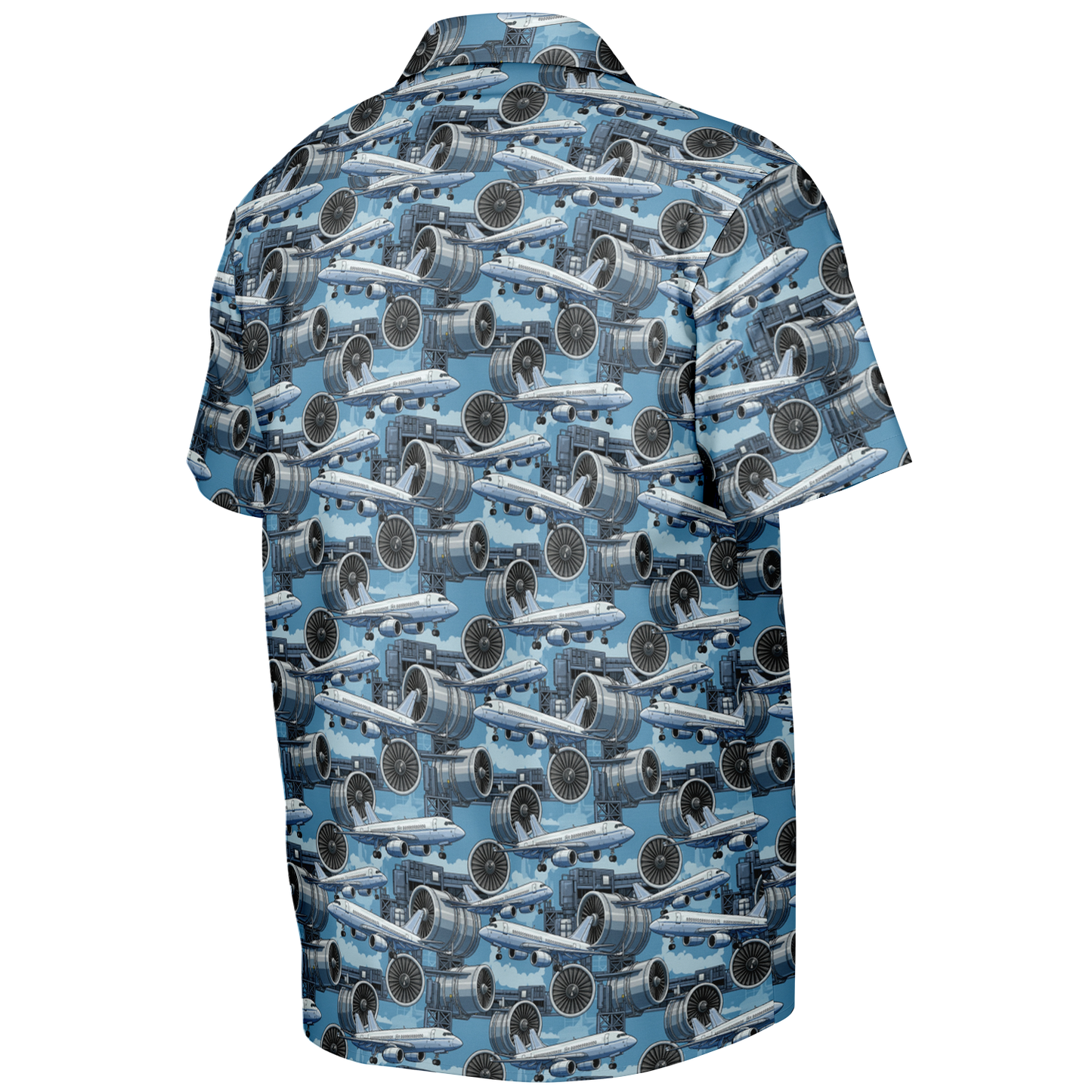 Spread Collar Short Sleeve Button-Down Blue Sky Aircraft Mechanic Shirt - AOP