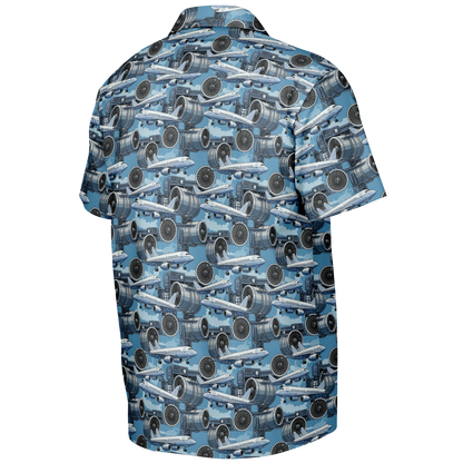 Spread Collar Short Sleeve Button-Down Blue Sky Aircraft Mechanic Shirt - AOP