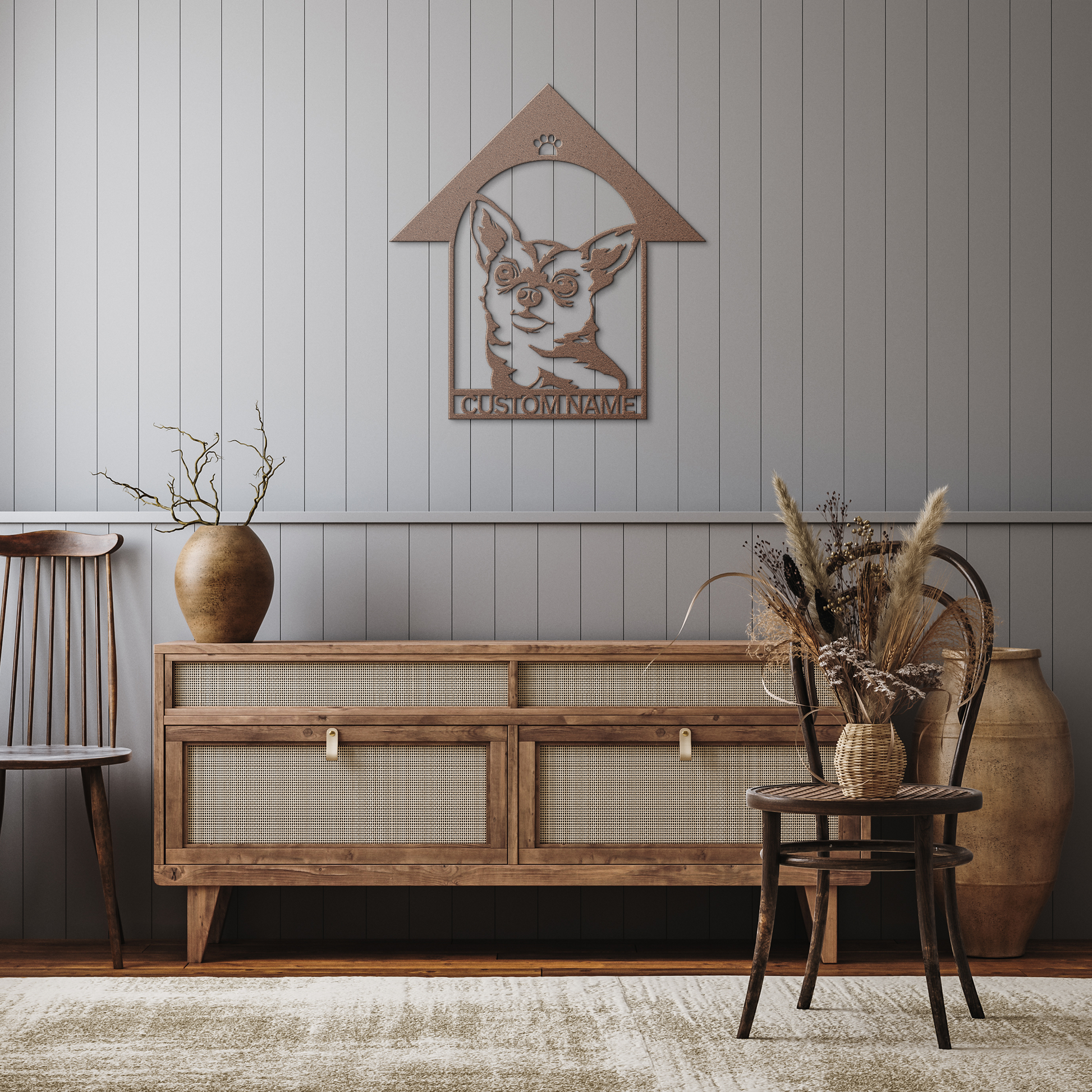 Chihuahua custom metal wall sign in 5 colors & 6 sizes. Made from durable 18-gauge steel, perfect for indoor or outdoor decor. Stylish, weather-resistant charm.