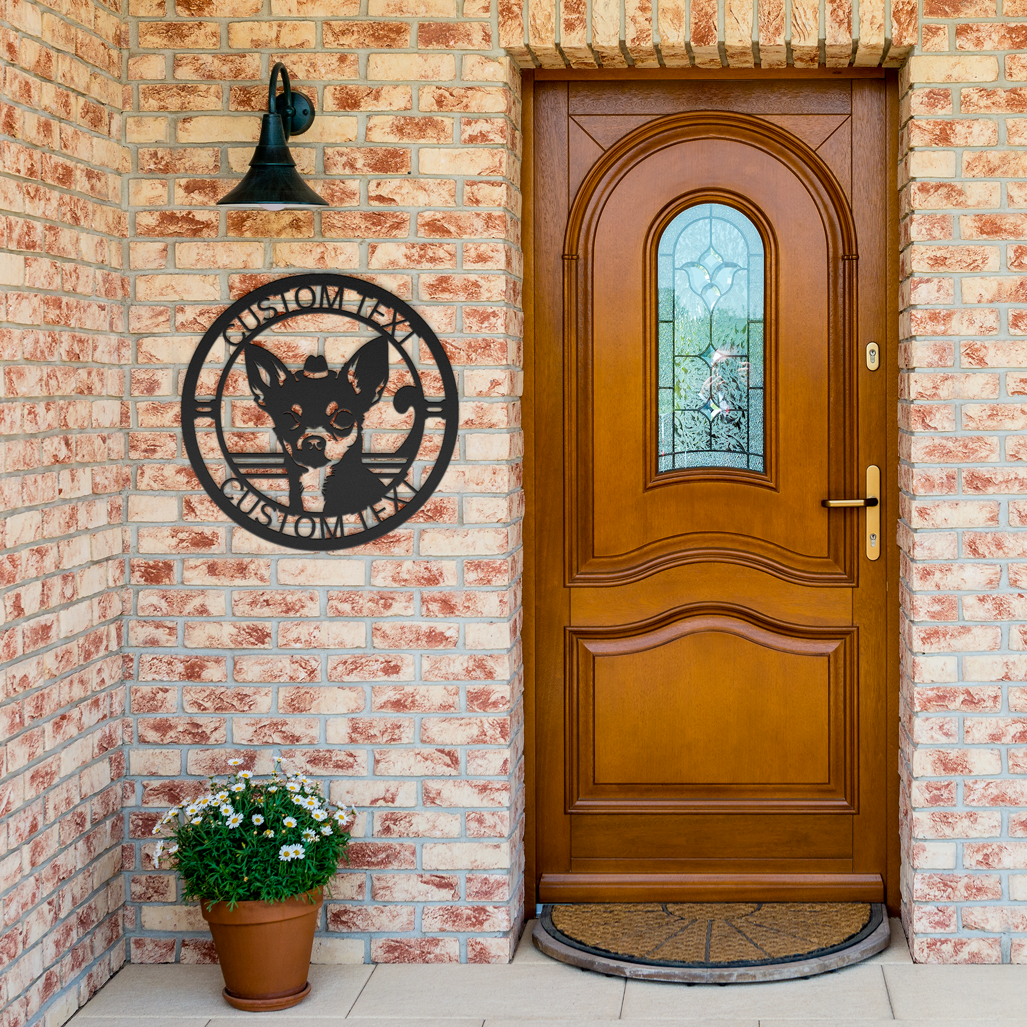 Custom_Metal_Chihuahua_Wall_Art_-_Person_Black_Brick_Entrance_Mockup.png