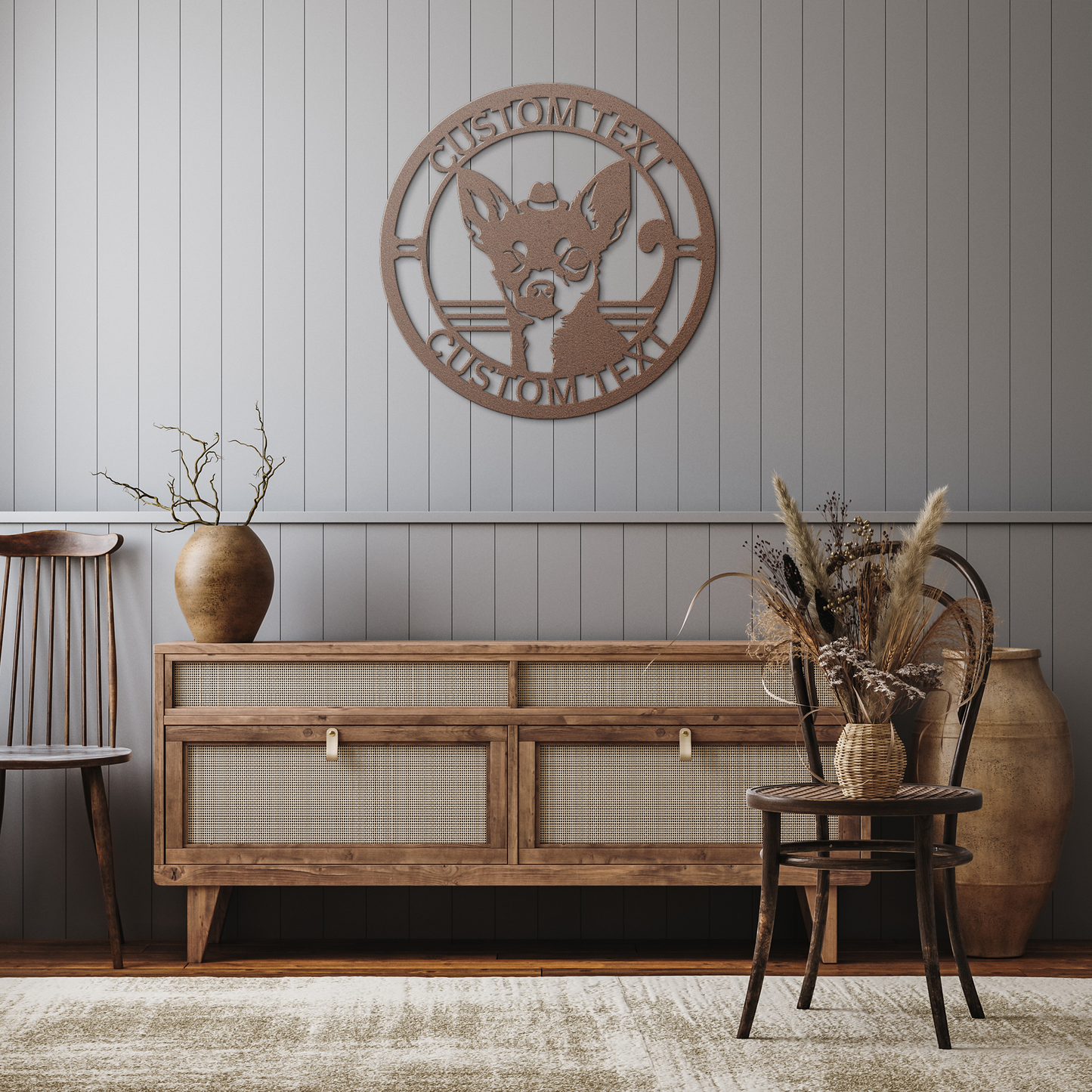 Chihuahua custom metal wall sign in 5 colors & 6 sizes. Made from durable 18-gauge steel, perfect for indoor or outdoor decor. Stylish, weather-resistant charm.